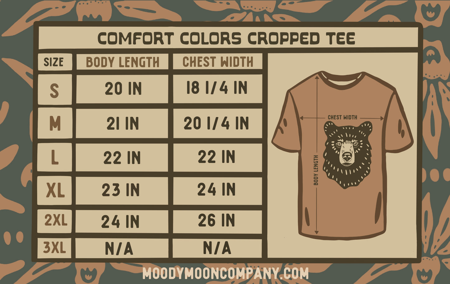 Measurement chart for a comfort colors cropped tee with a bear graphic on a patterned background.
