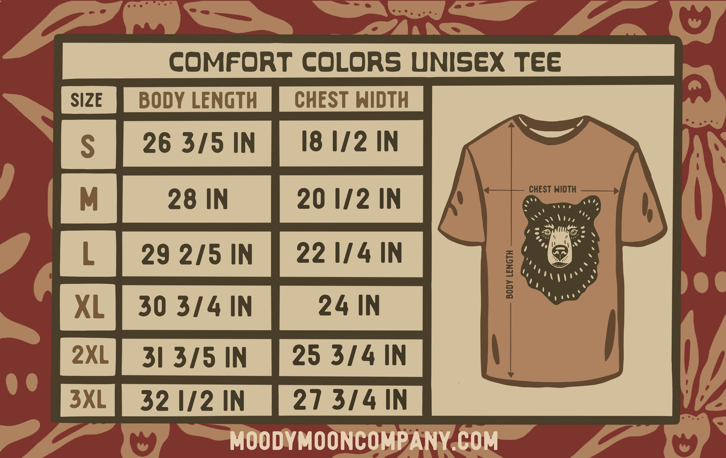 Comfort Colors Unisex Tee size chart with a bear graphic on a patterned background
