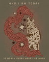 Illustration of a wolf with stars and text on a brown background