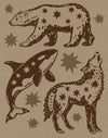 Illustrations of a bear, orca, and wolf on a brown background with star shapes.
