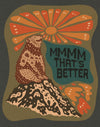 Illustration of a bear on a rock with a sun and text 'MMMM THAT'S BETTER' on a dark background