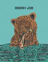 Illustration of a bear with a fish in its mouth on a teal background with 'Dream Job' text.